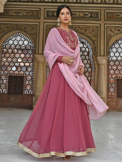 Old Rose Georgette Embroidered Kurta with Dupatta