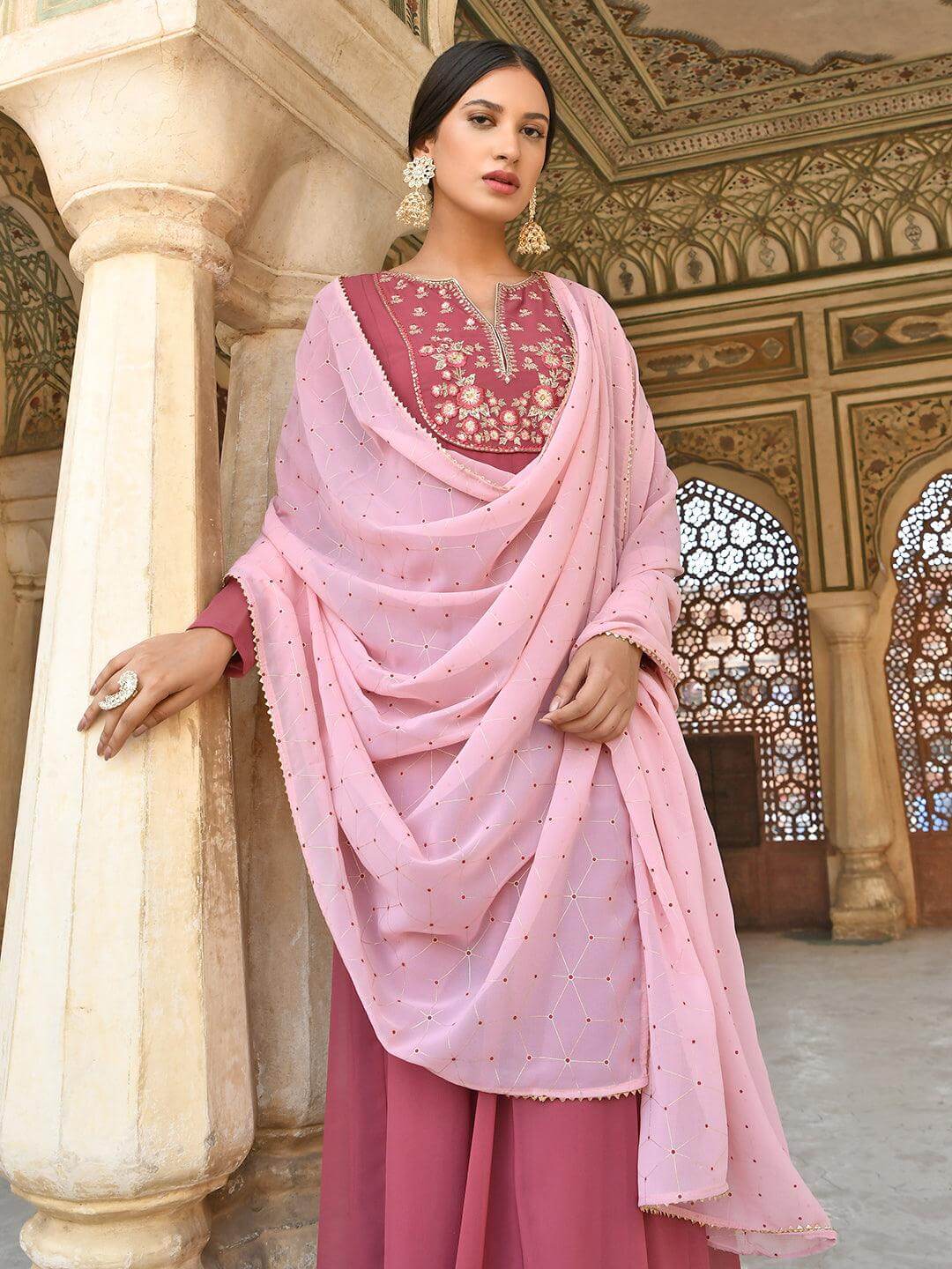 Old Rose Georgette Embroidered Kurta with Dupatta