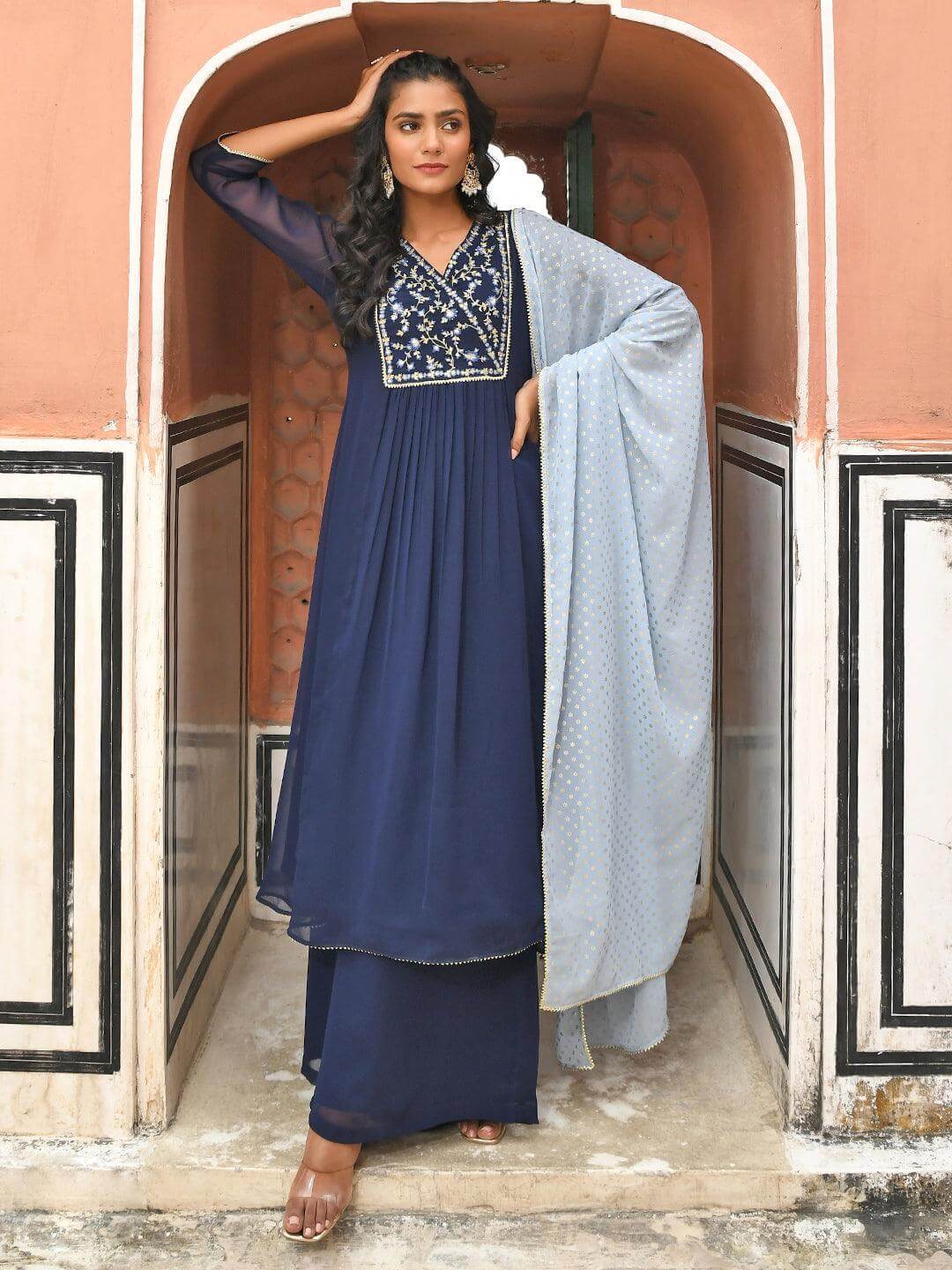 Navy Blue Georgette Floral Embroidery Kurta with Flared Palazzo and Dupatta