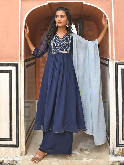 Navy Blue Georgette Floral Embroidery Kurta with Flared Palazzo and Dupatta