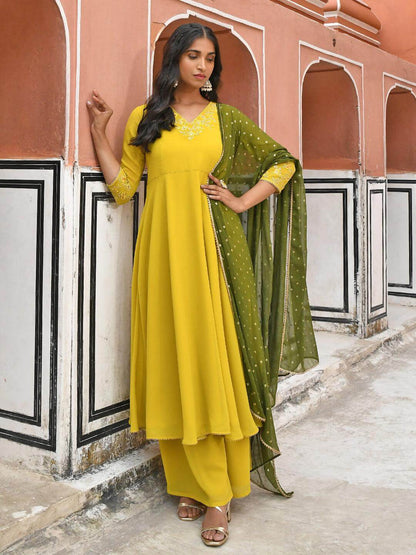 Yellow Georgette Solid Kurta with Palazzo and Dupatta