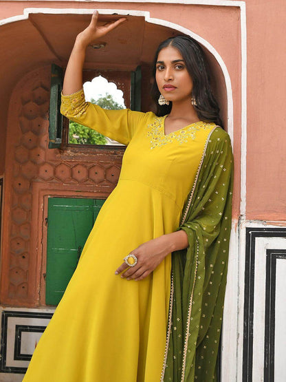 Yellow Georgette Solid Kurta with Palazzo and Dupatta