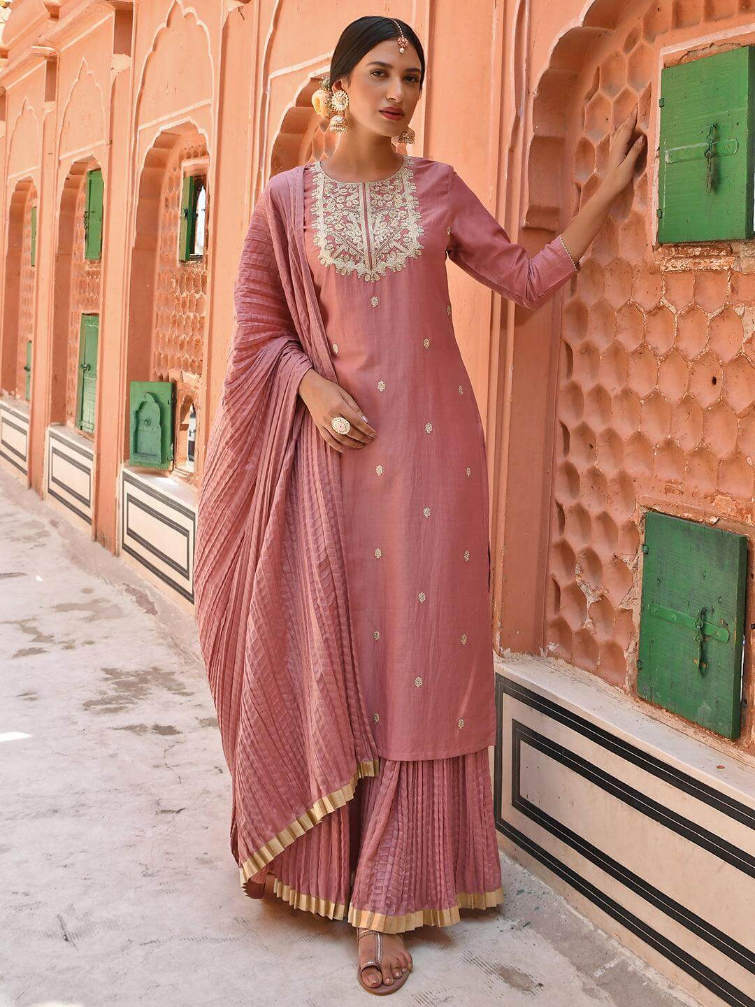 Peach Chinnon Embroidered Kurta with Skirt and Dupatta