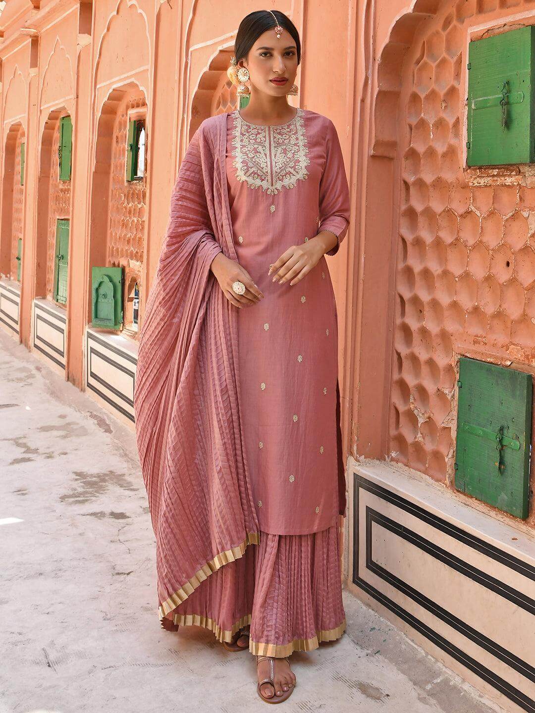 Peach Chinnon Embroidered Kurta with Skirt and Dupatta