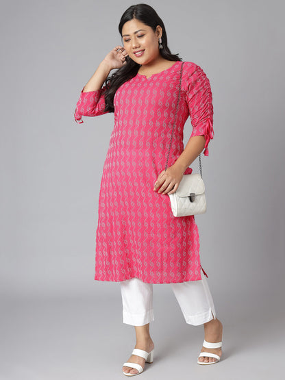 Plus Size Pink Cotton Woven Design Straight Kurta
