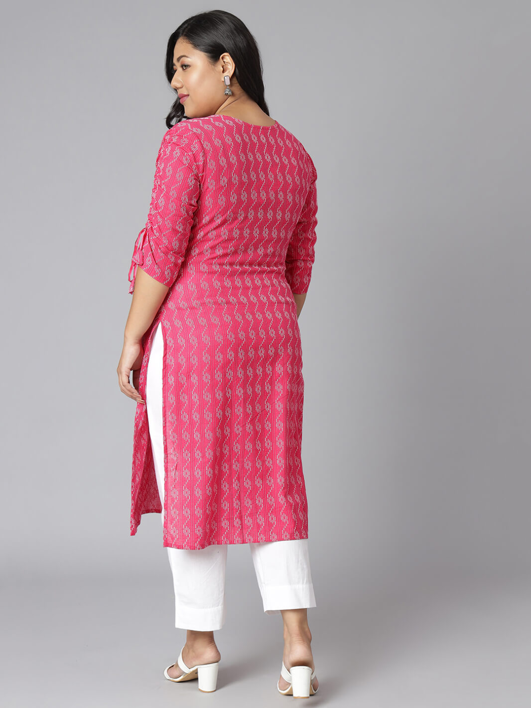 Plus Size Pink Cotton Woven Design Straight Kurta