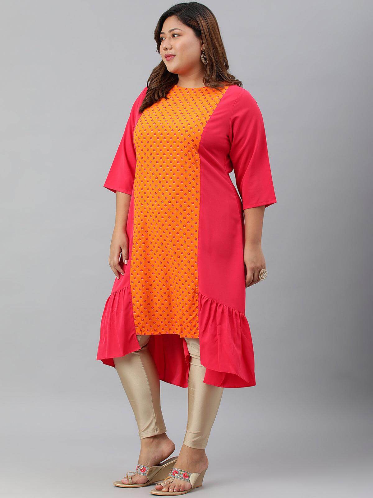 Plus Size Orange Poly Crepe Floral Print A-line kurta