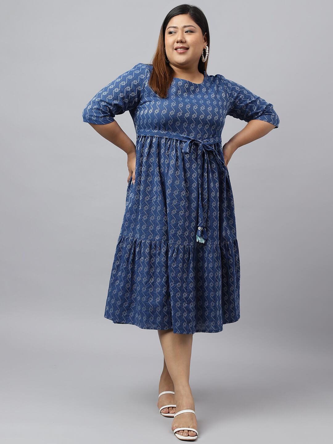 Women's Blue Cotton Woven Design Flared Dress