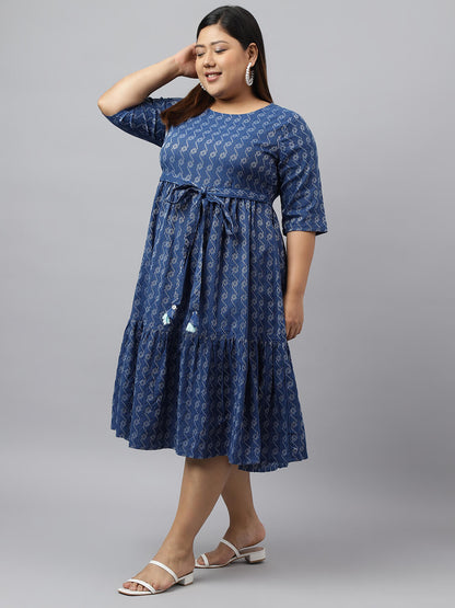 Women's Blue Cotton Woven Design Flared Dress