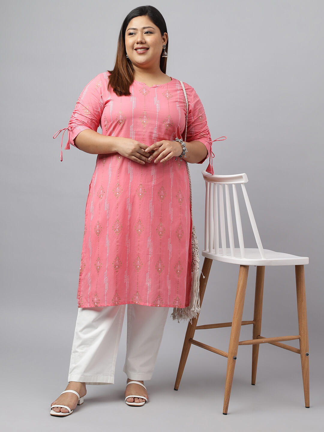 Women's Plus Size Pink Cotton Bandhani Printed Straight kurta