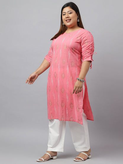 Women's Plus Size Pink Cotton Bandhani Printed Straight kurta