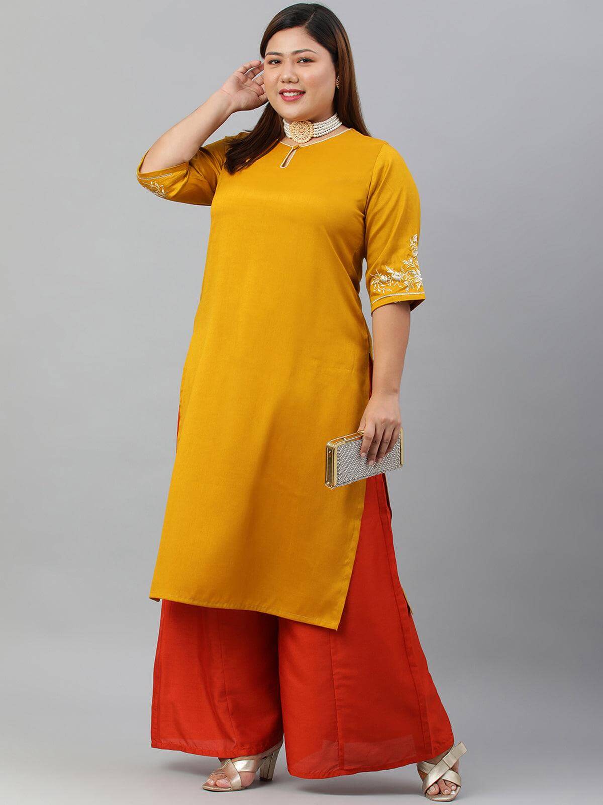 Plus Size Mustard Poly Silk Embroidered Straight kurta