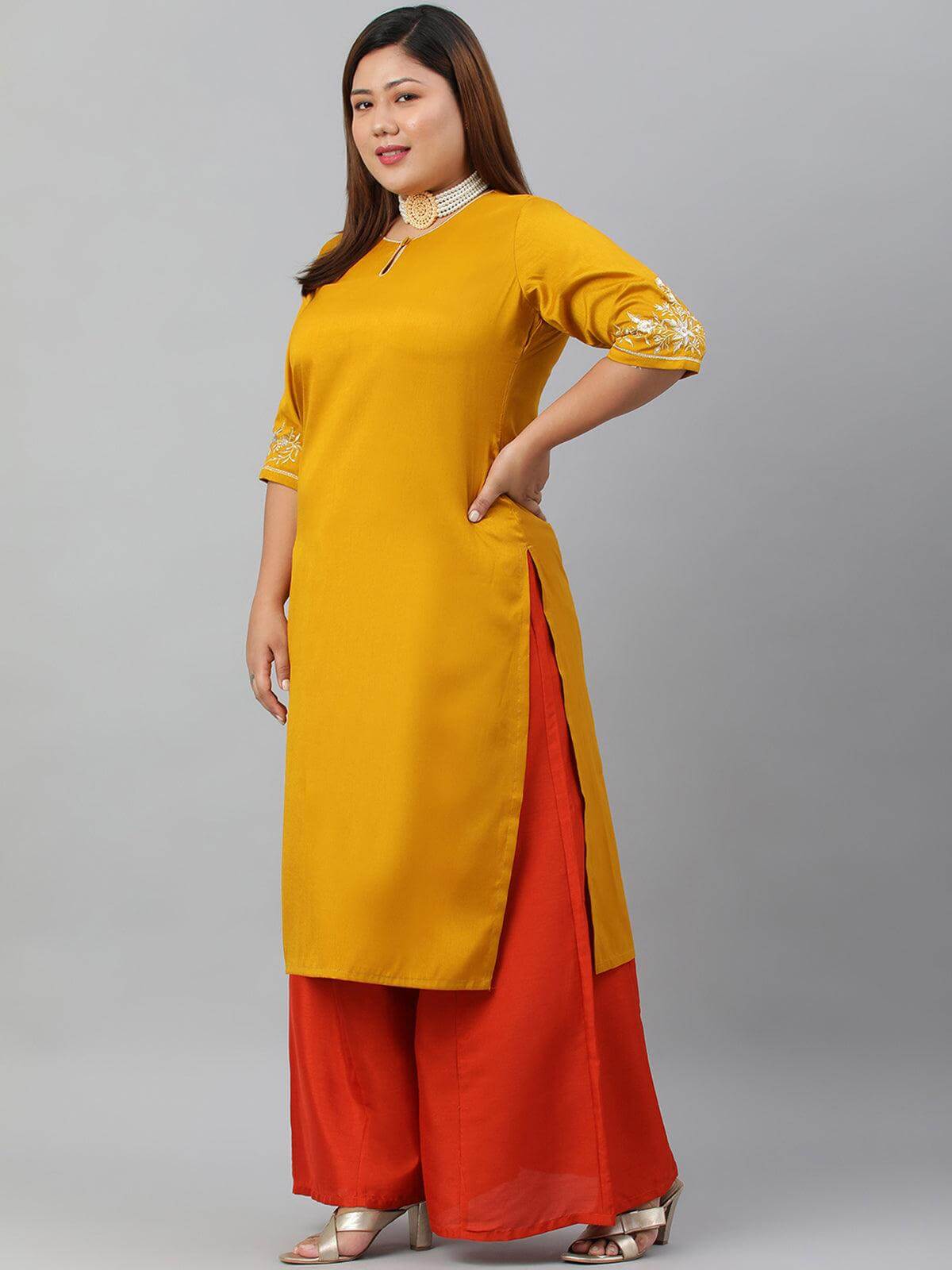 Plus Size Mustard Poly Silk Embroidered Straight kurta