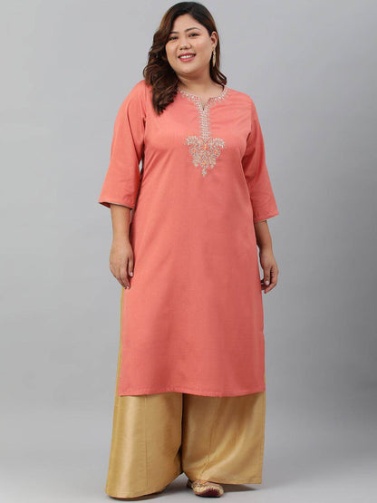 Plus Size Coral Poly Silk Embroidered Straight kurta
