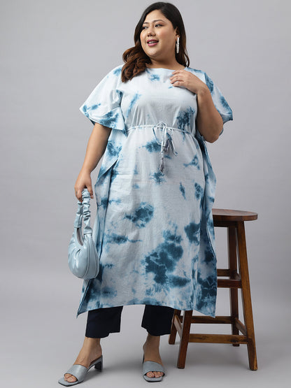Women's Plus Size Sky Blue Cotton Tie-Dye Kaftan kurta