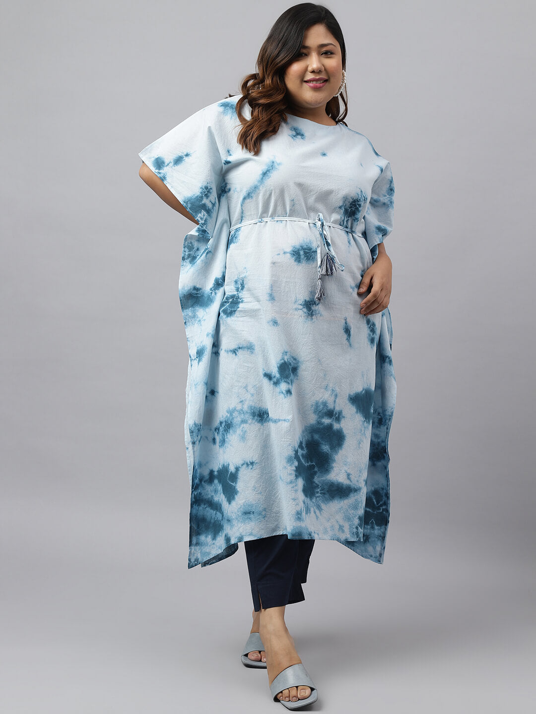 Women's Plus Size Sky Blue Cotton Tie-Dye Kaftan kurta
