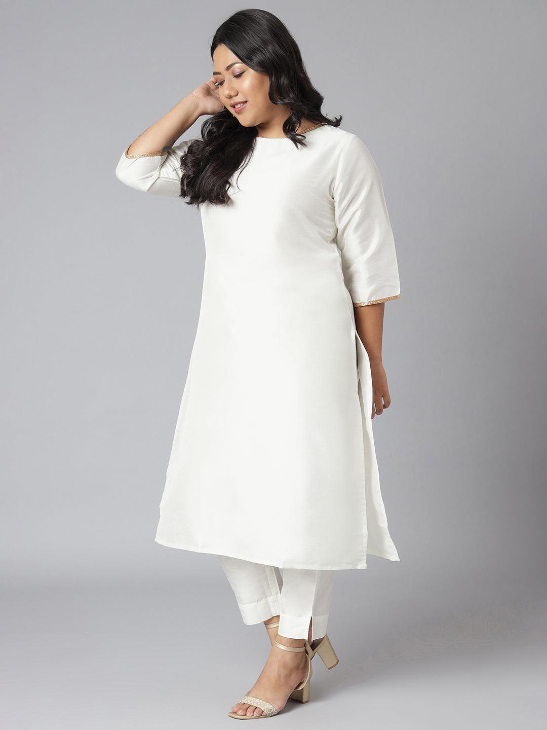 Plus Size Off-White Poly Silk Kurta With Pant and Dupatta