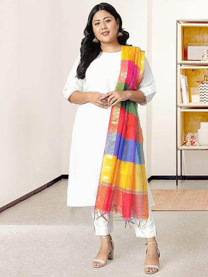 Plus Size Off-White Poly Silk Kurta With Pant and Dupatta