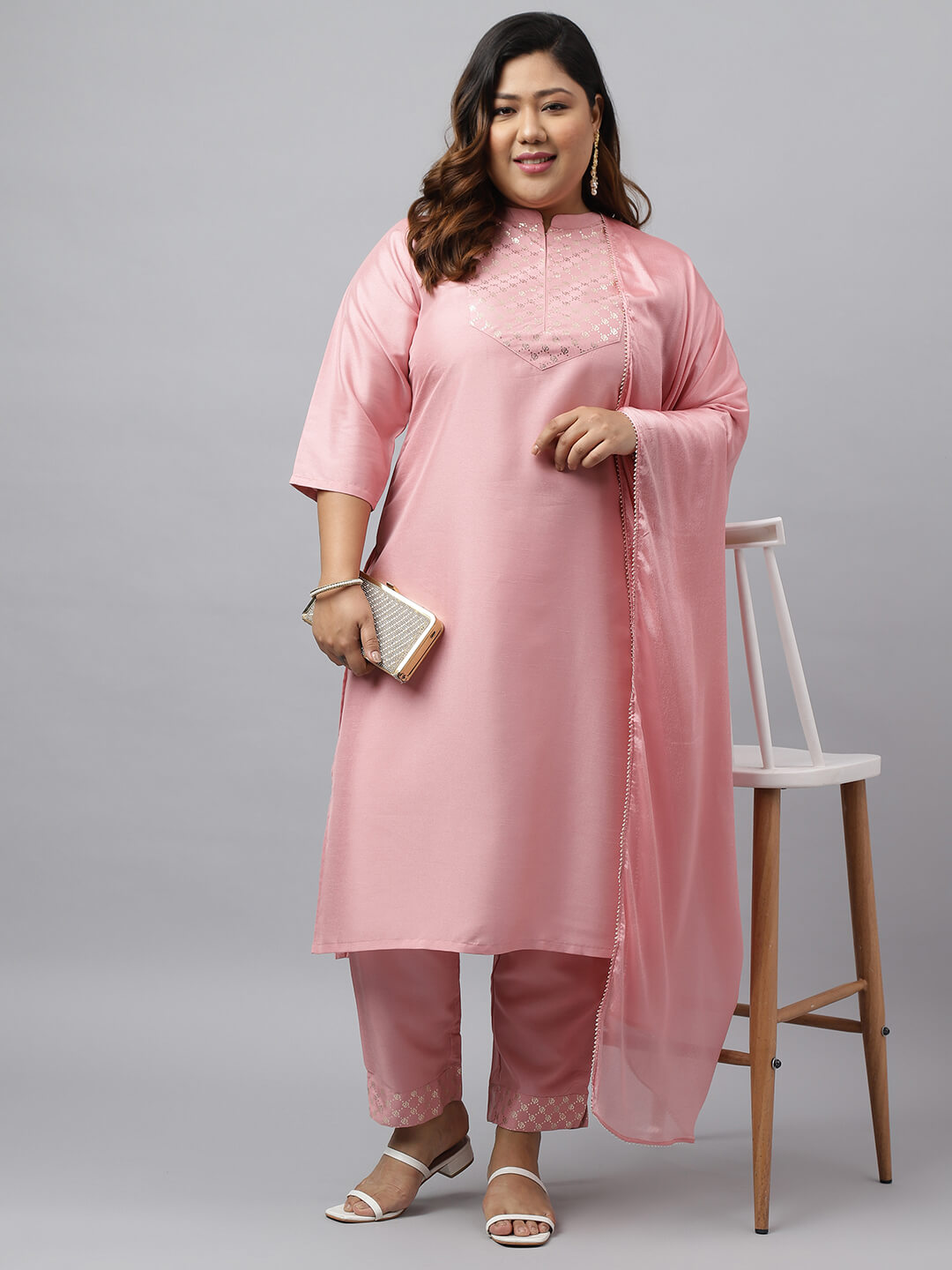 Women's Plus Size Pink Poly Silk Kurta With Pant and Dupatt