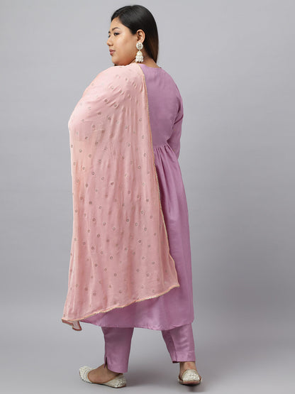 Women's Plus Size Mauve Poly Silk Kurta With Pant and Dupatta