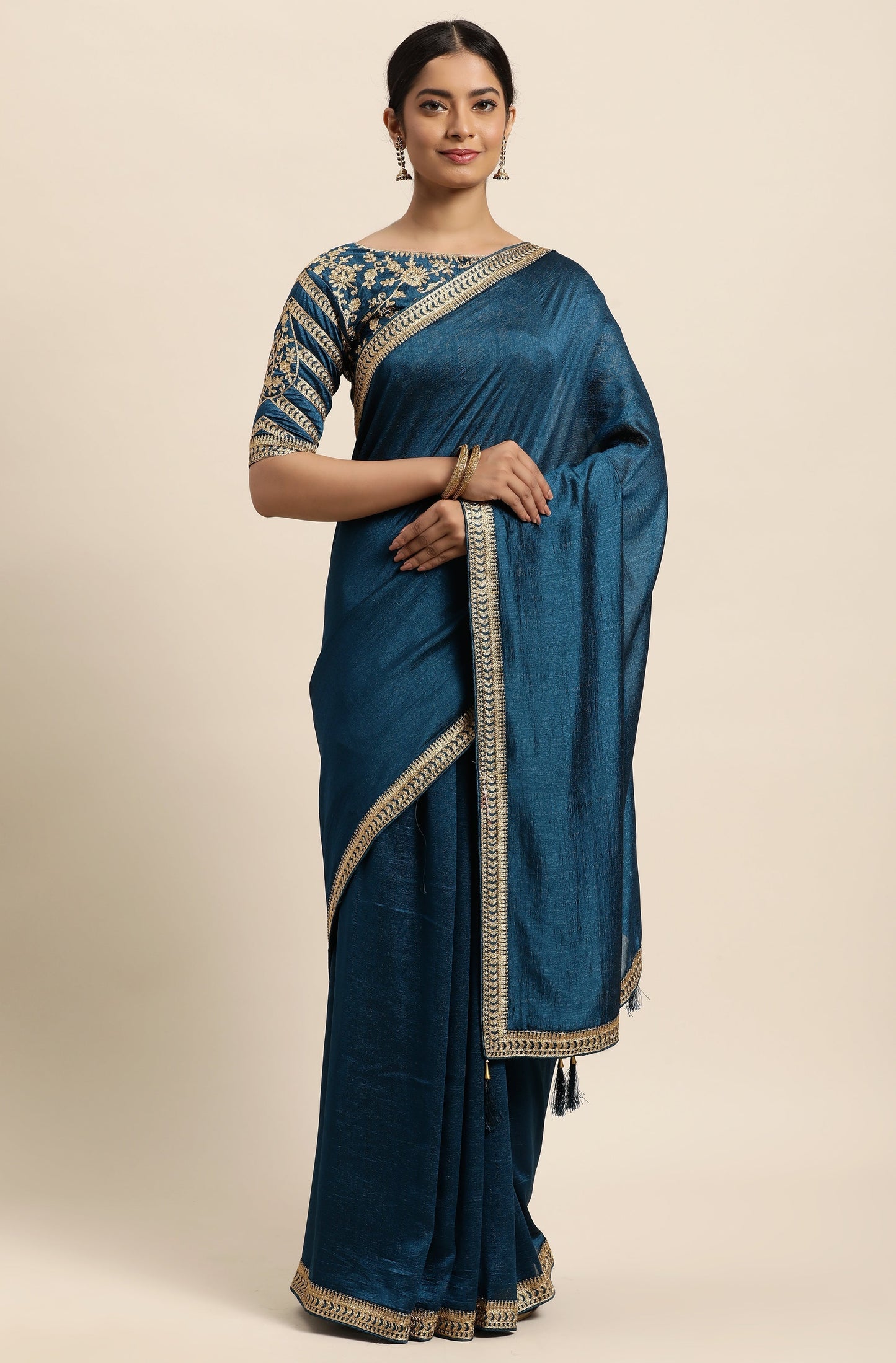 Blue Poly Silk Saree With Blouse Piece