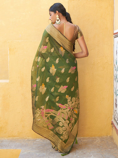 Mehendi Green Organza Woven Ethnic Saree with Unstitched Blouse Piece