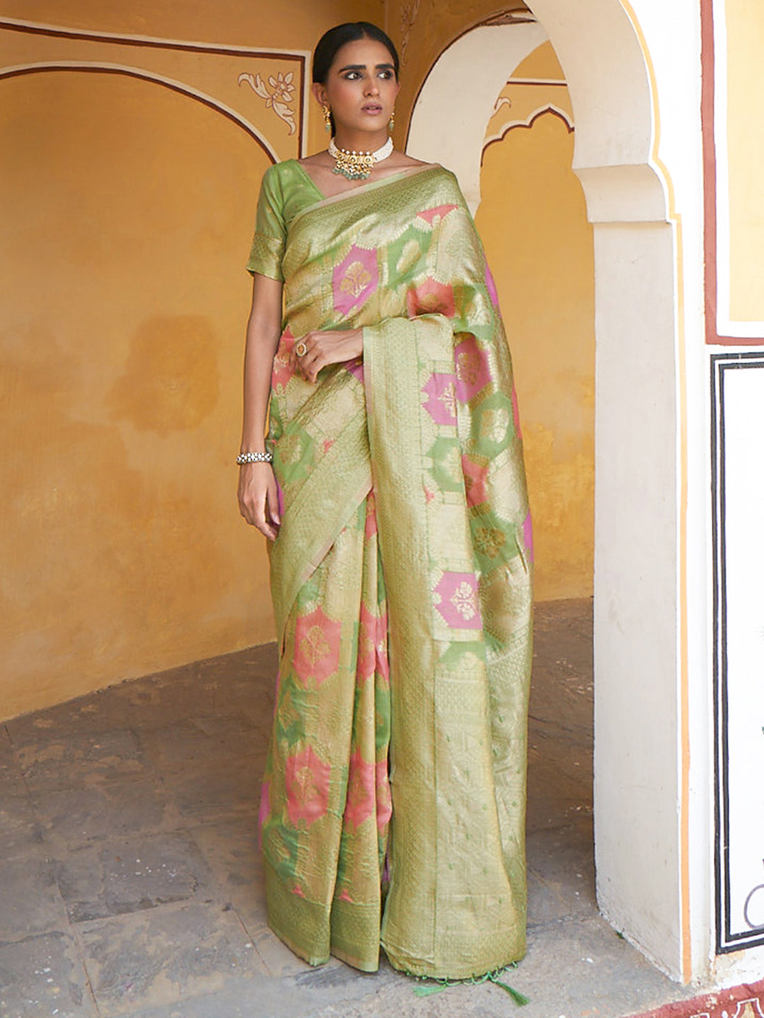 Light Green Chanderi Silk Ethnic Motifs Saree with Unstitched Blouse Piece