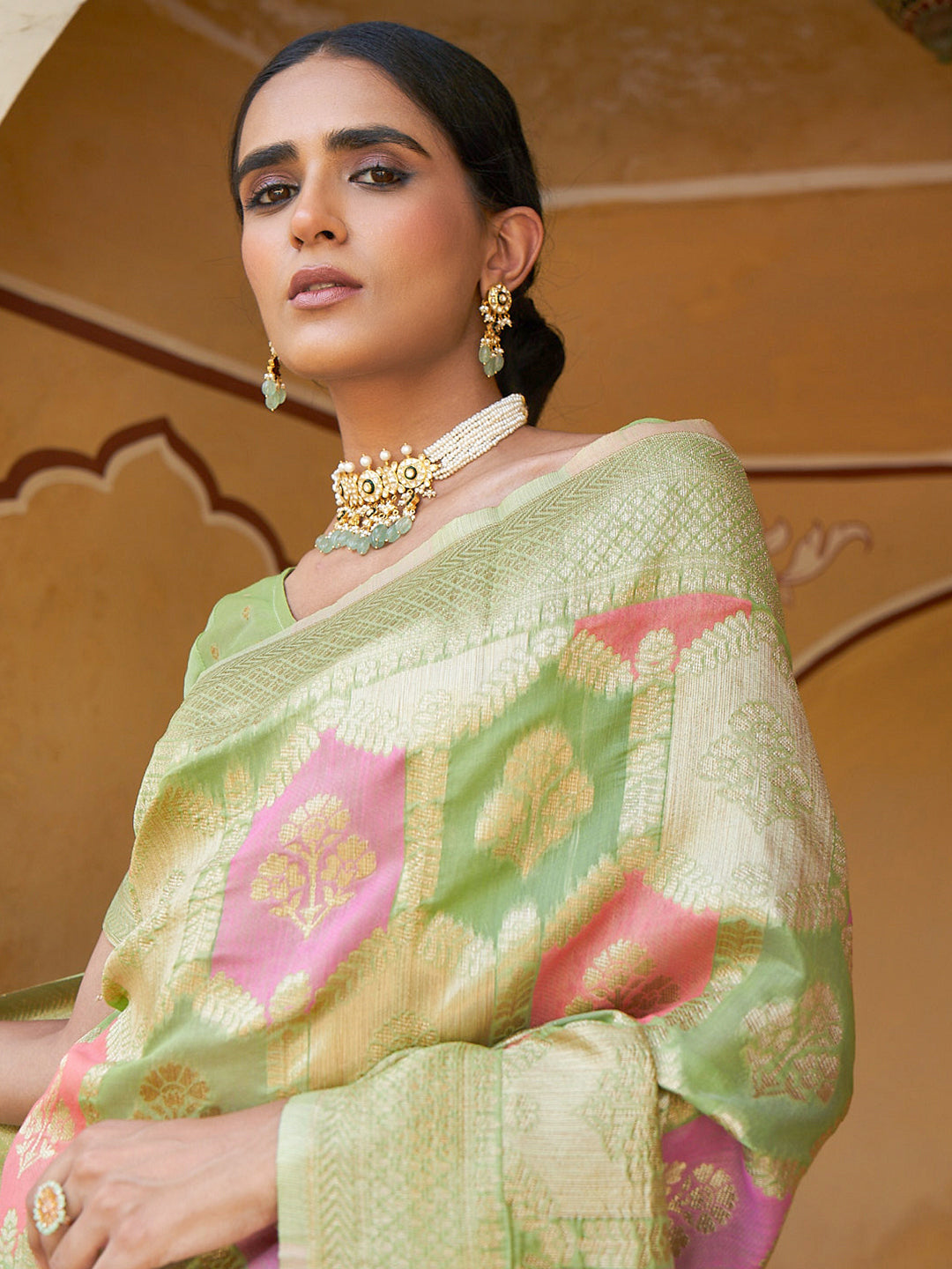 Light Green Chanderi Silk Ethnic Motifs Saree with Unstitched Blouse Piece