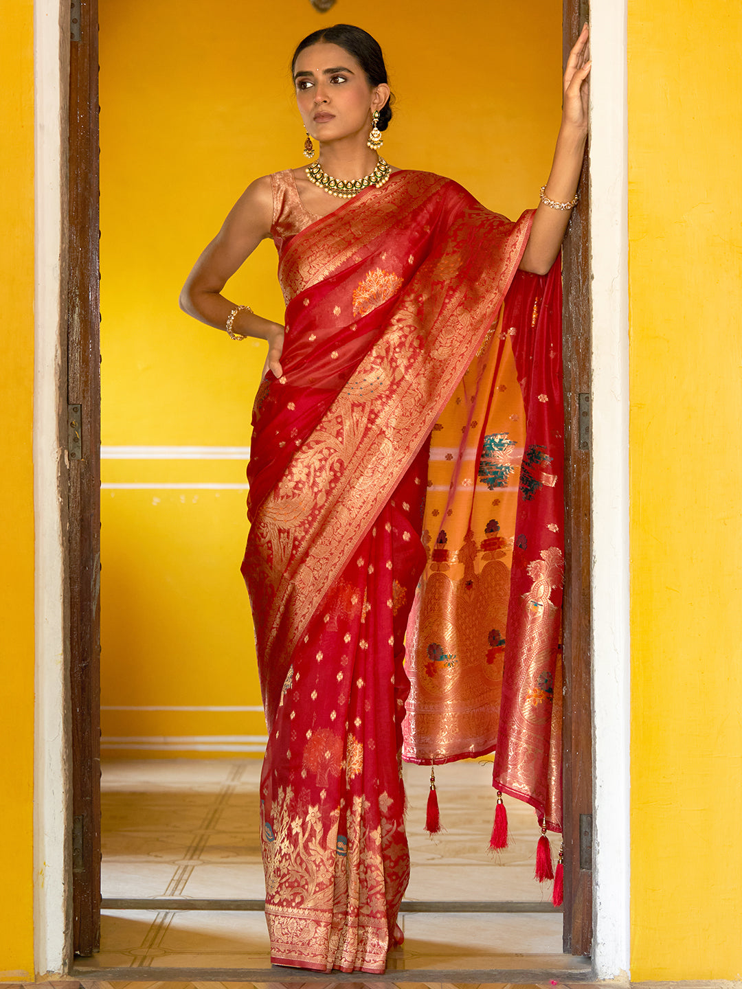 Red Organza Woven Leheriya Saree with Unstitched Blouse Piece