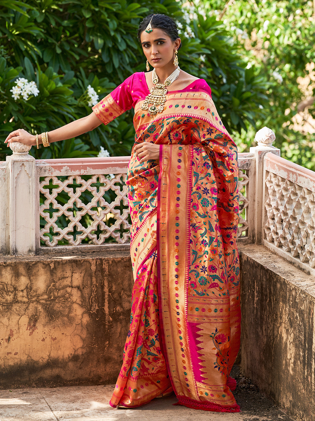 Pink Paithani Silk Woven Bagh Design Saree with Unstitched Blouse Piece