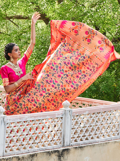 Pink Paithani Silk Woven Bagh Design Saree with Unstitched Blouse Piece