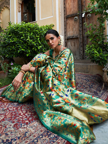 Green Paithani Silk Woven Bagh Design Saree with Unstitched Blouse Piece