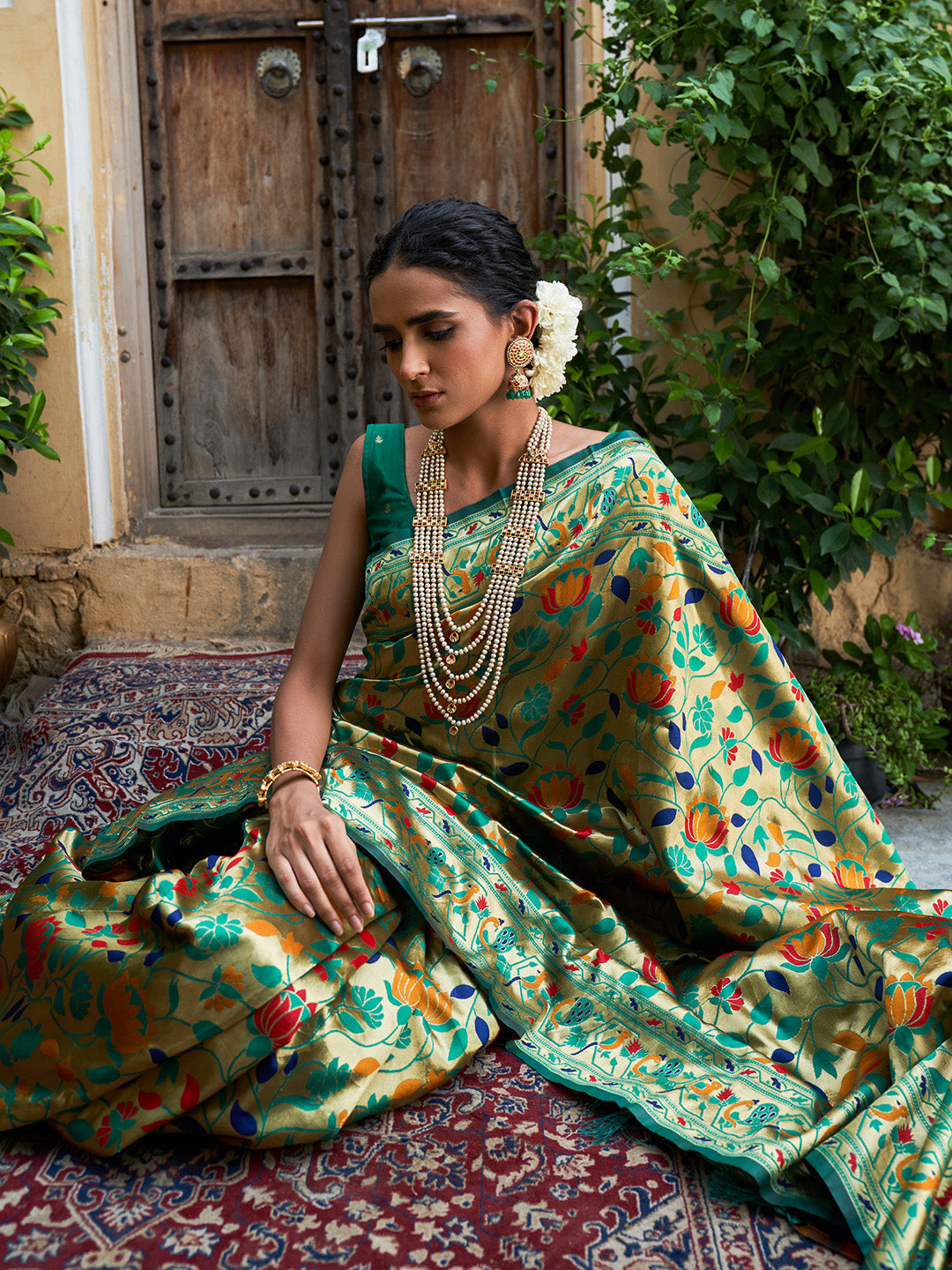 Green Paithani Silk Woven Bagh Design Saree with Unstitched Blouse Piece