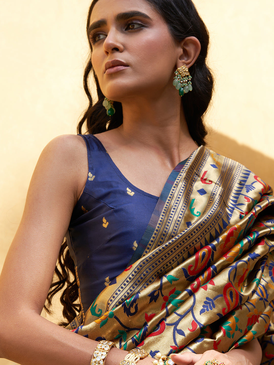 Golden Paithani Silk Woven Floral Design Saree with Unstitched Blouse Piece