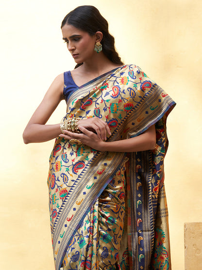 Golden Paithani Silk Woven Floral Design Saree with Unstitched Blouse Piece