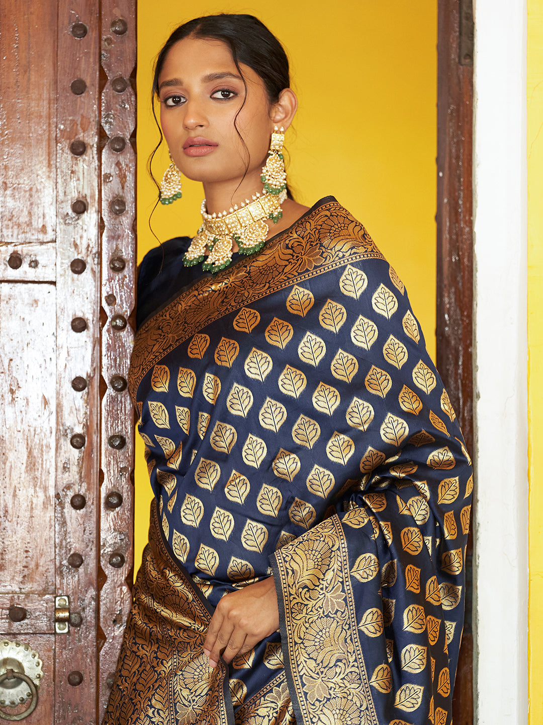 Navy Blue Banarasi Silk Woven Ethnic Motifs Saree with Unstitched Blouse Piece