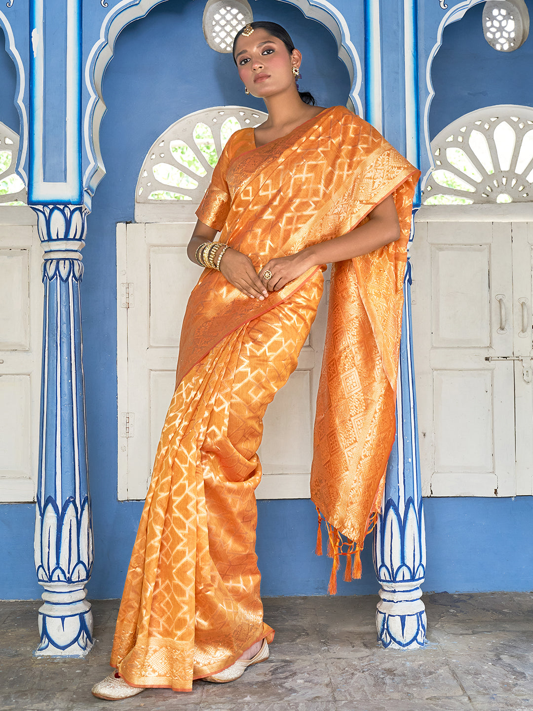 Yellow Chanderi Silk Woven Geometric Saree with Unstitched Blouse Piece