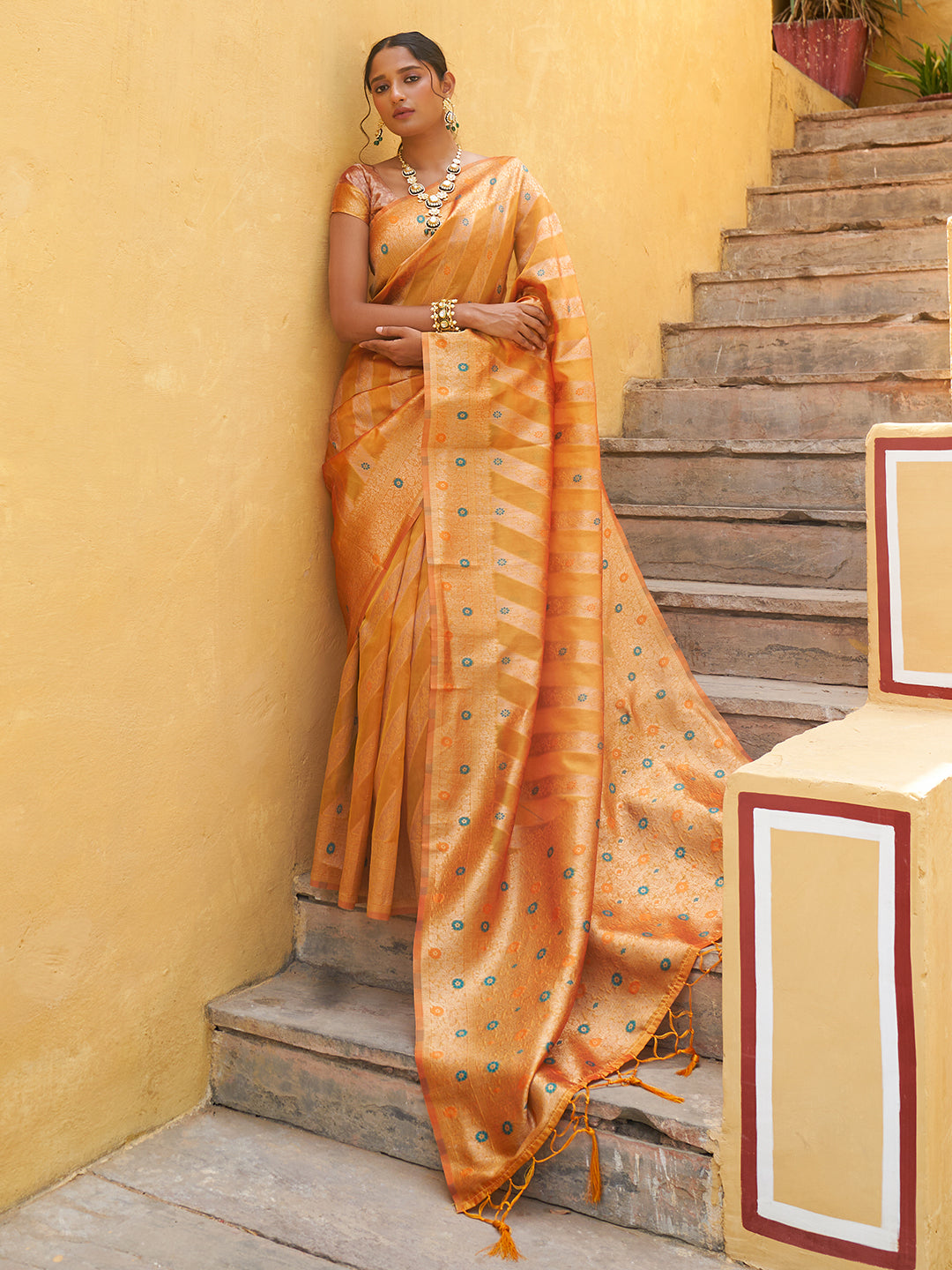 Yellow Organza Woven Leheriya Saree with Unstitched Blouse Piece