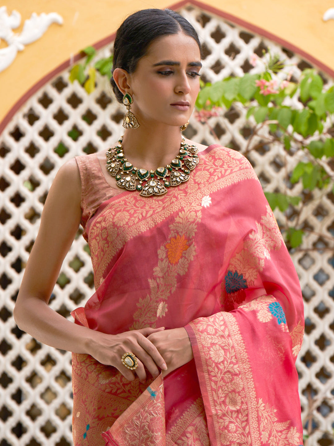Pink Organza Woven Leheriya Saree with Unstitched Blouse Piece