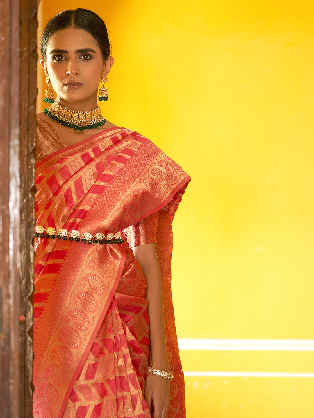 Pink Organza Woven Geometric Design Saree with Unstitched Blouse Piece