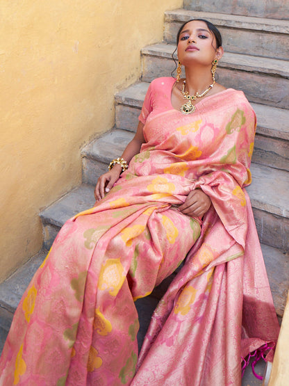 Light Pink Chanderi Silk Ethnic Motifs Saree with Unstitched Blouse Piece