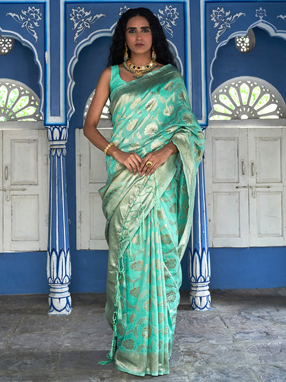 Sea Green Chanderi Silk Floral Saree with Unstitched Blouse Piece