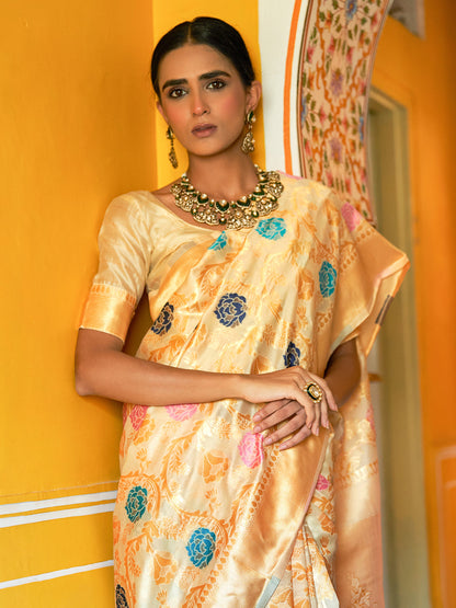 Cream Banarasi Silk Woven Floral Design Saree with Unstitched Blouse Piece