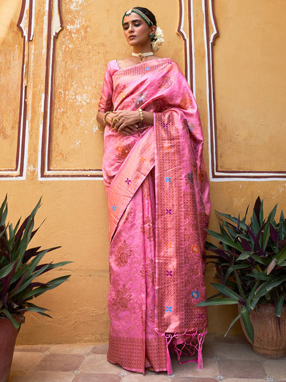 Light Pink Chanderi Silk Woven Jaal Motif Saree with Unstitched Blouse Piece