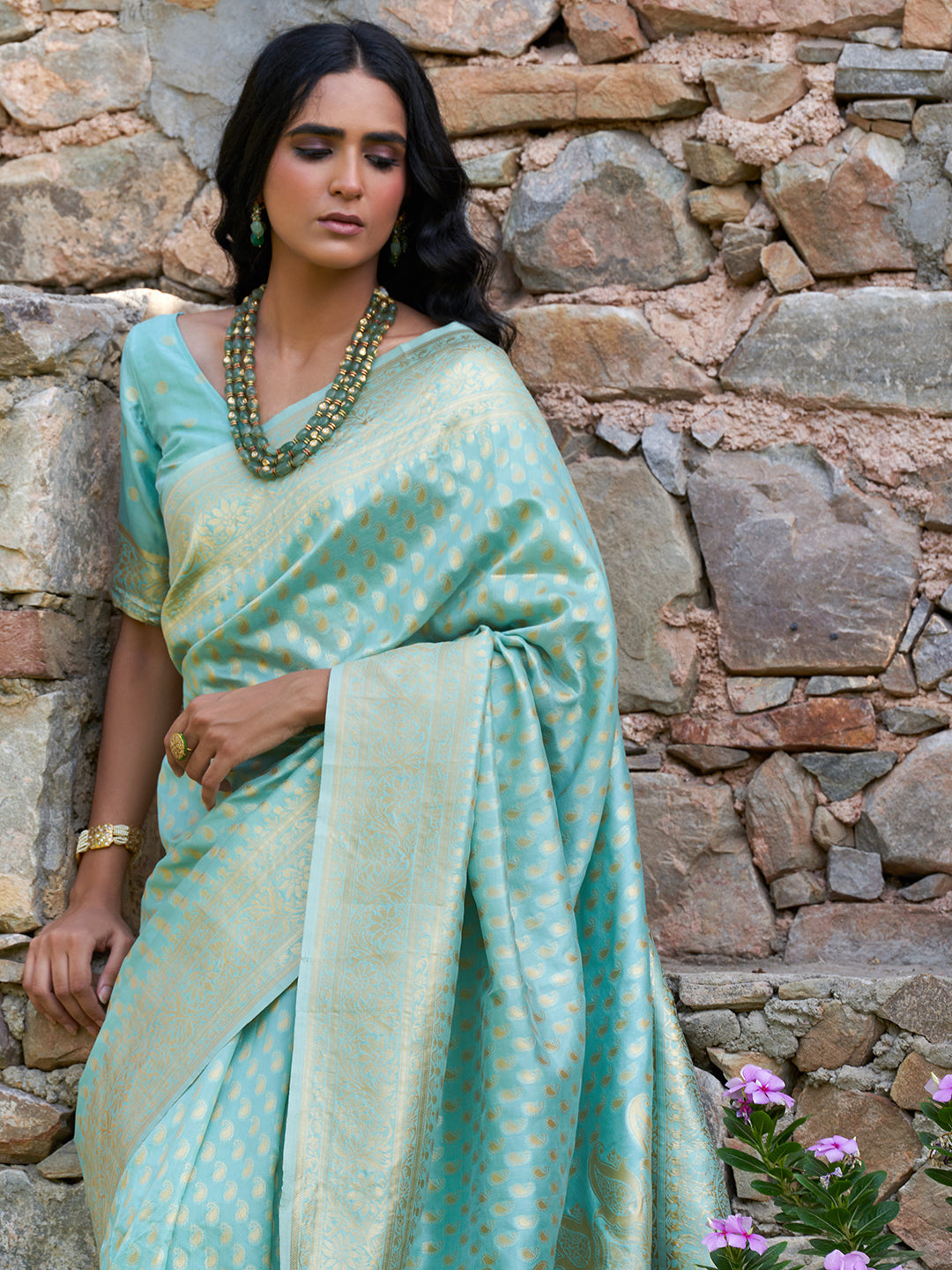 Sea Green Chanderi Silk Paisley Saree with Unstitched Blouse Piece