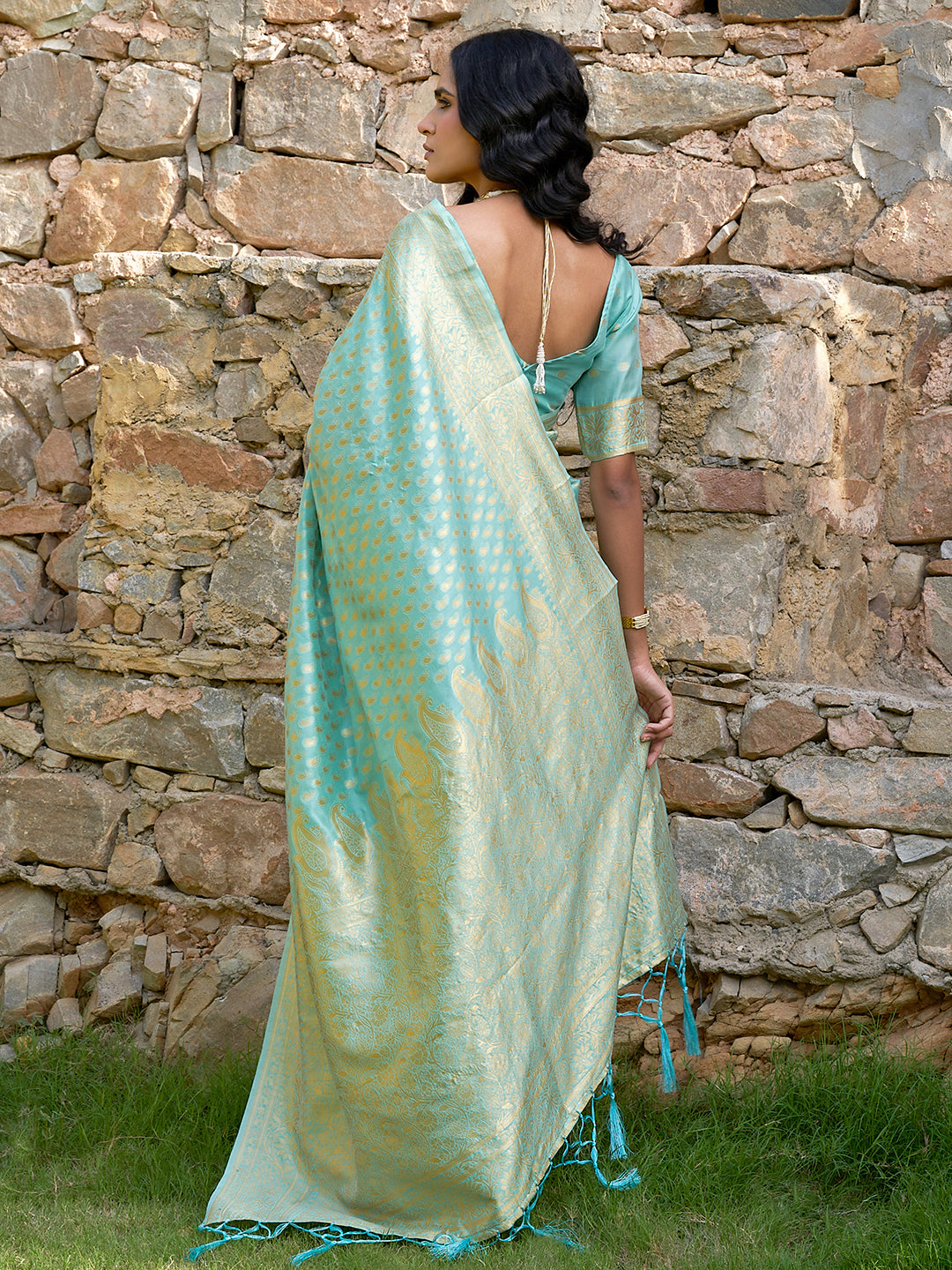 Sea Green Chanderi Silk Paisley Saree with Unstitched Blouse Piece