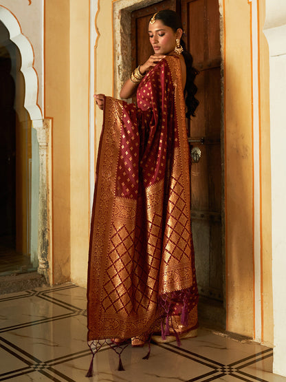 Maroon Banarasi Silk Woven Ethnic Motifs Saree with Unstitched Blouse Piece
