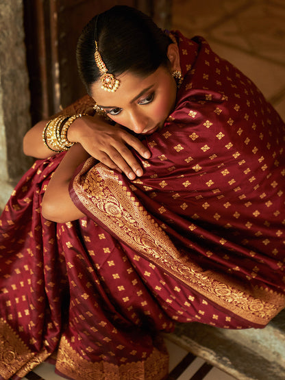 Maroon Banarasi Silk Woven Ethnic Motifs Saree with Unstitched Blouse Piece