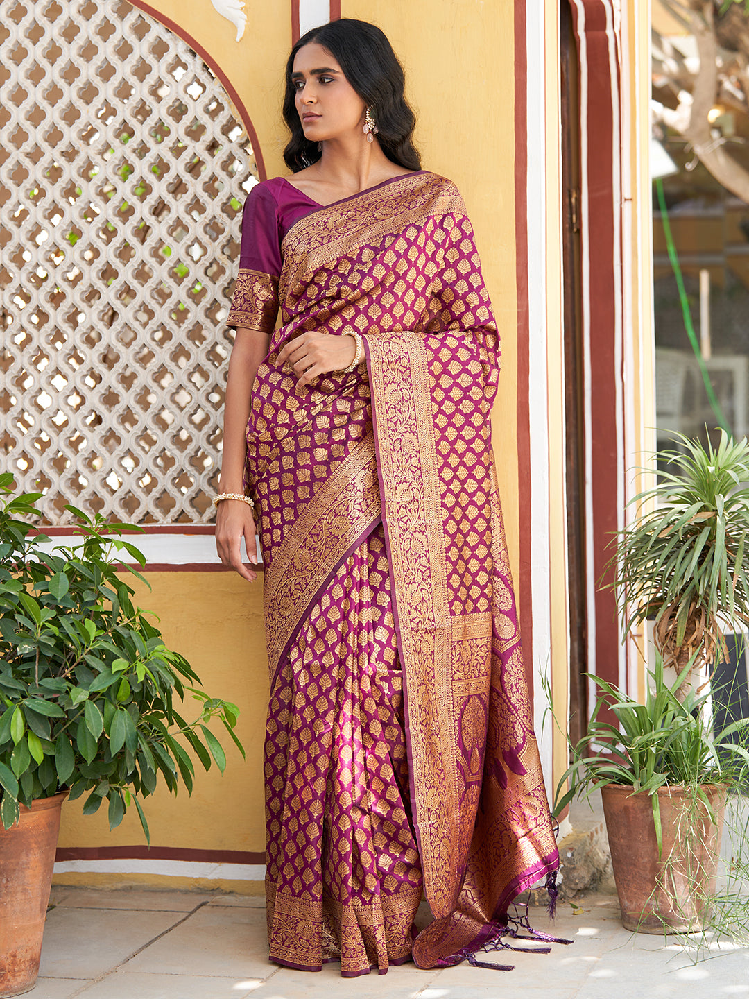 Wine Banarasi Silk Woven Ethnic Motifs Saree with Unstitched Blouse Piece