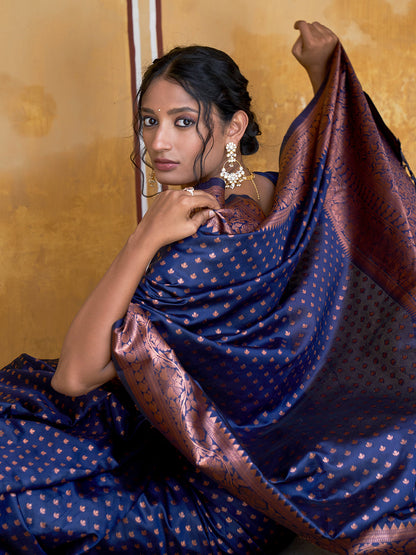 Navy Blue Banarasi Silk Ethnic Motifs Saree with Unstitched Blouse Piece